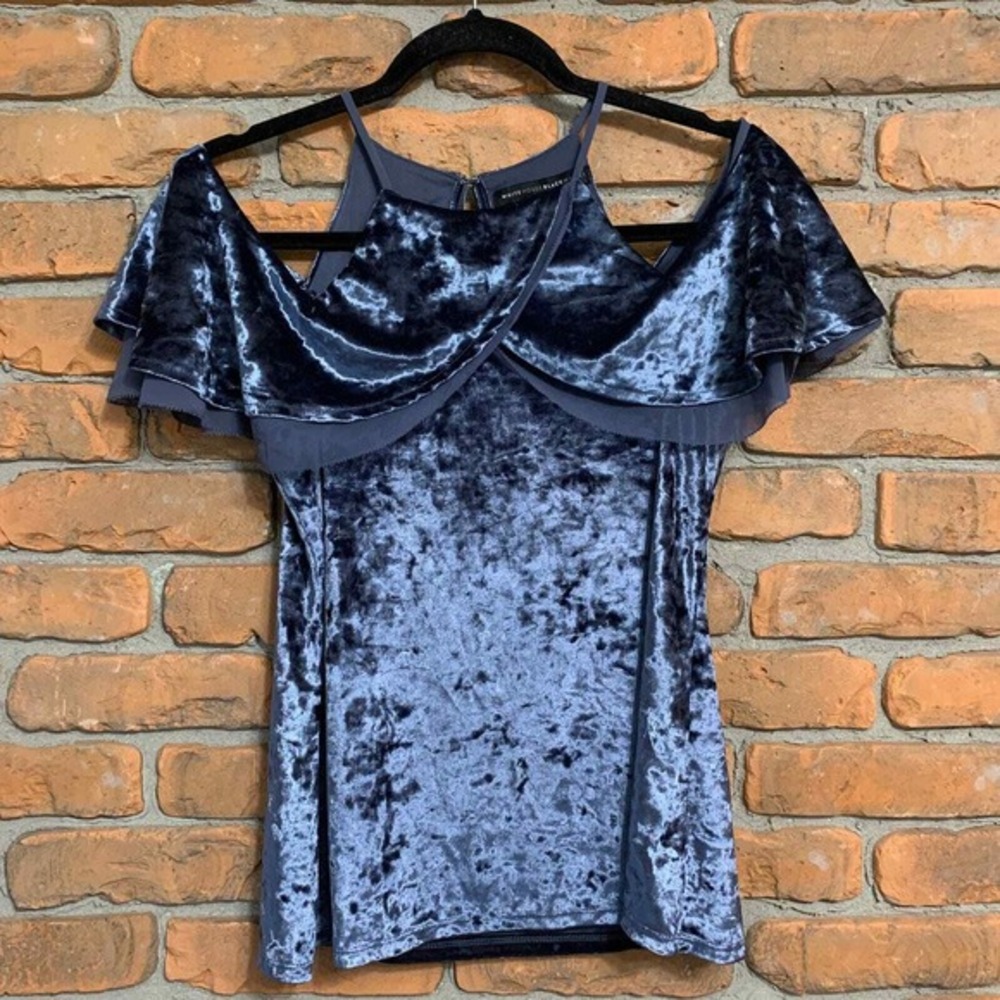 White House‎ Black Market Velvet Cold Shoulder Top Ruffle Blue Summer Womens XS